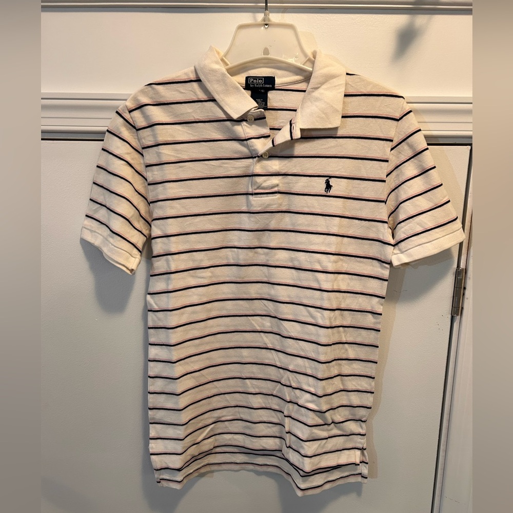 Polo Ralph Lauren White Striped Short Sleeve Polo Shirt Boy's Large 14-16 Preppy